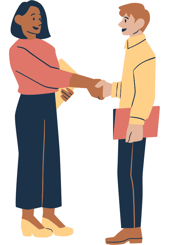 Drawing of a man and a woman who are both holding a document in one hand and they are smiling while shaking hands with each other with the other hand