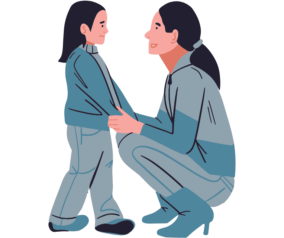 A drawing of a woman holding a child's hands while she is bent down to the height of the child and they are looking at each other.