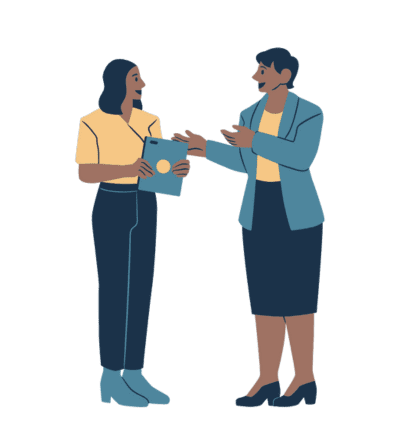 Drawing of two woman who are talking with one another.  One is holding a document and the other is gesturing with her hands to the other as they face and talk to one another.
